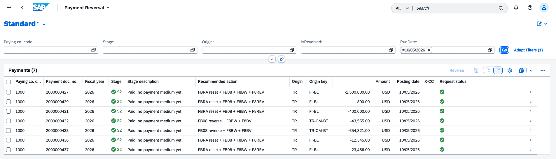 SAP Fiori Payment Reversal app listing seven payments for run date 10/05/2026 with recommended reversal actions