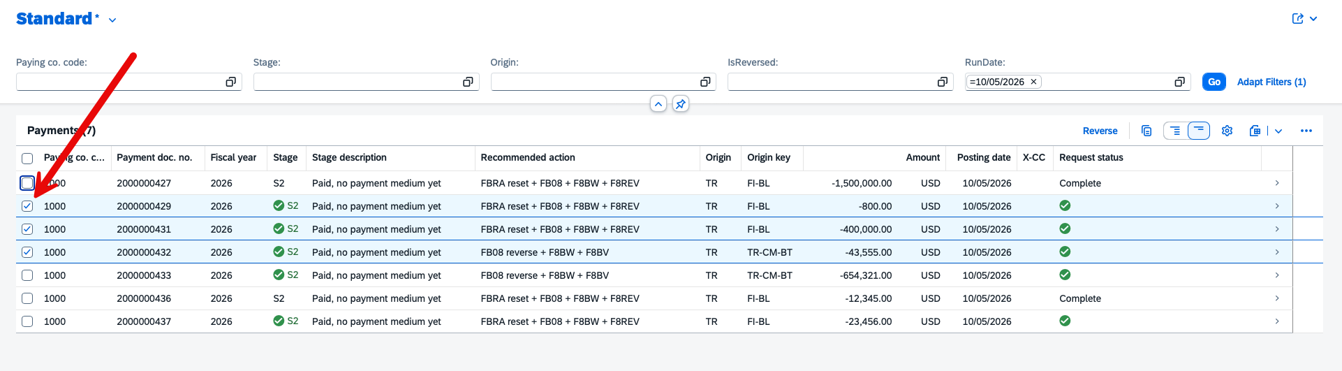 SAP Fiori payment reversal list with three payments selected and the Reverse button ready in the Payments table