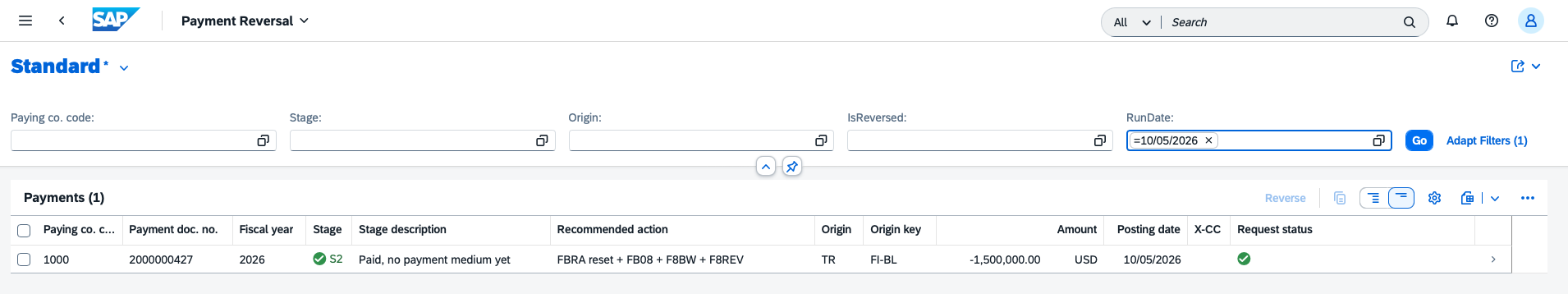 SAP Fiori Payment Reversal app filtered by run date 10/05/2026, showing a single payment ready for reversal
