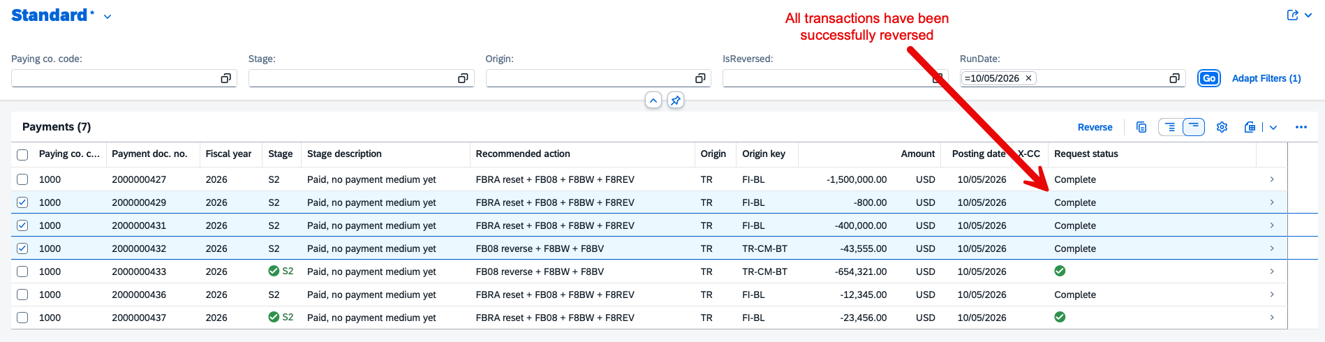 SAP Fiori payment reversal list after running the reversal, showing selected rows switched to Complete request status