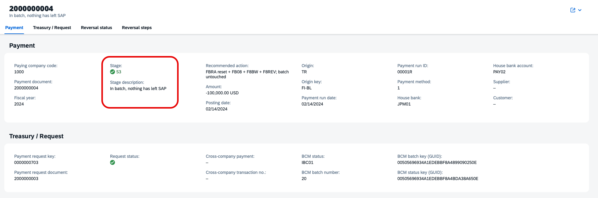 Payment detail for a Stage 3 item: in a batch, nothing has left SAP.