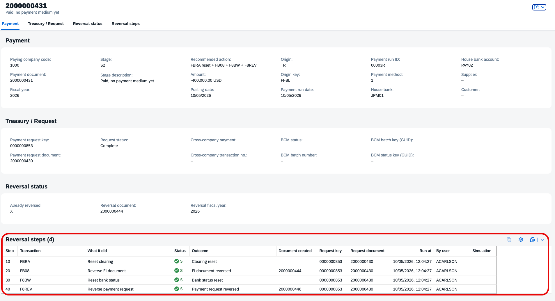 SAP Fiori payment detail for document 2000000431 with reversal status and four successful reversal steps